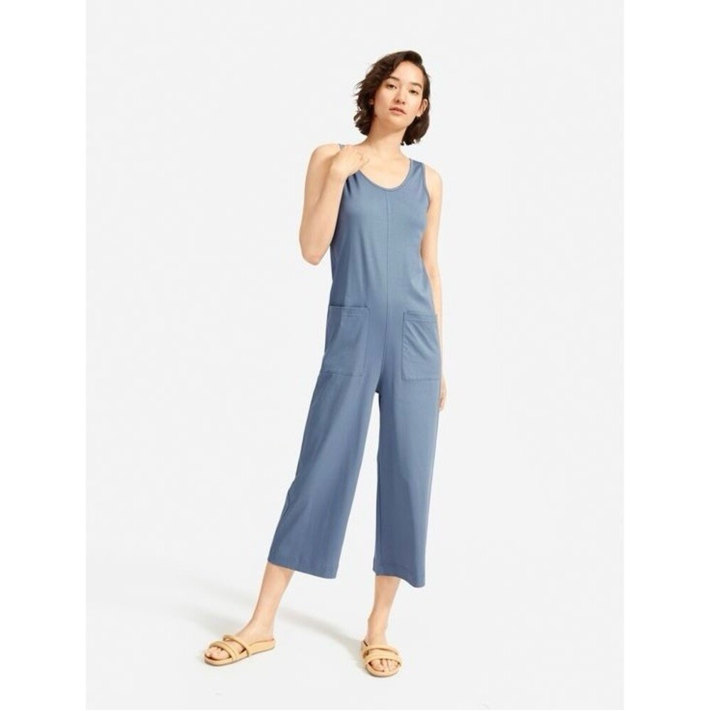 Everlane The Luxe Cotton Tank Jumpsuit Blue Cropped Wide Leg, Medium